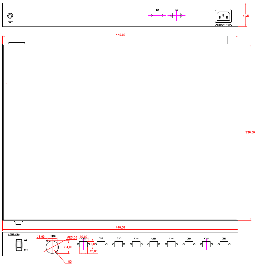 OSW-4（D1×8）-M5-85-1U-S22-MPO光切換設備產(chǎn)品尺寸圖 - 科毅光通信